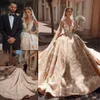 2021 Modest Ball Gown Wedding Dresses V Neck 3D Lace Appliques Ruched Bridal Gowns Plus Size Cathedral Train Royal Luxury Wedding Robes