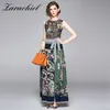 2020 zomer herfst office lady lace-up rok maxi rok + mouwloze jurk tweedelige set vrouwen retro patroon print 2 stuk outfits T200702