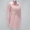 Платье рубашки с длинным рукавом Newasia с ремень Corset повседневное платье женщины винтажные сексуальные платья розовые моды платья белый новый 201204