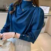 Women Bubble Sleeve Satin Shirts 2021 New Chiffon Tops Elegant High Collar Blouses Red White Blue Ladies Tops Blusas Femininas H1230