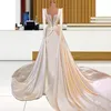 Arabiska Aso Ebi Satin Mermaid Bröllopsklänningar med långa ärmar Ruched Overkirts Long Court Tåg Bröllopsklänning Sparkly Sequins Beaded V Neck Vestidos de Novia Al9863