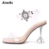 Sandalias Aneikeh 2022 Moda de verano Rhinestone claro PVC Sandalias transparentes Zapatos de mujer Peep Toe Spike High 41 42 220121