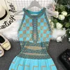 Amolapha Woman Summer Bohemian Style Geometric Pattern Knitted Beach Dresses Knit Halter Sleeveless Long Dress Vestidoes Y0118