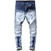 Mäns Stretch Små Straight Slim-Fit Pläterad Motorcykel Jeans Ungdom Vit Ripped Jean