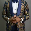 Navy Blue Floral Jacquard Prom Män Passar för Bröllop 3 Piece Slim Fit Groom Tuxedo Afrikansk Man Mode Kostym Jacka Byxor 201106