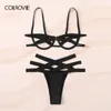 Colrovie Black Ladder 컷 아웃 언더 와이어 란제리 여성 협박 2019 Solid Sexy Sets Bra and Thongs Ladies 속옷 세트 LJ201211