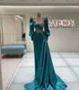 Vestido de noche de sirena con cuentas sexy, vestidos de fiesta de satén azul de manga larga con tren, ropa de fiesta para mujeres famosas BES121