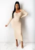 New Fall Winter Knitted Ribbed Dresses Women Long Sleeve V Neck Bodycon dress Autumn Midi Skirts Beautiful Hip package skirt Solid Party Club Wear Wholesale 5750