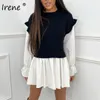 Irene Puff Sleeve Ruches Feestjurk Sexy Mini Dames Mode Patchwork Herfst Winter Turtleneck Shirt Jurk Casual 2021 Y0118