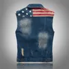 Men's FALIZA Jacket Pleated Design Denim Vest America Flag Blue Waistcoat Sleeveless Jeans Jackets Hip Hop Jean Coats MJ102 201114 s