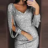 Robe Femmes Plus La Taille 3XL 7 Couleurs Sexy Col En V Solide Paillettes Couture Brillant Club Gaine À Manches Longues Parti Mini Robe Y0118