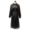 Lanmrem 가을 새로운 재킷 여성 패션 솔리드 컬러 긴 메쉬 거즈 바느질 PU 가죽 코트 벨트 여성 PB279 201106