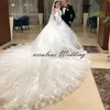 Vestidos دي novia فستان الزفاف الكرة ثوب شير الرقبة طويلة الأكمام الدانتيل كبير القوس أثواب الزفاف العربي aso ebi حزب العباءات