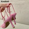 Aneikeh Women's Sandals Fashion Leisure Thin Heels Cross-Tied Square Toe Elegant Party Narrow Band Print Plaid Shoes 2021 Summer C0129