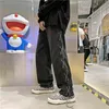 High Street Side Lace-up Y2k Black Jeans Men Fashion Loose Straight Wide Leg Hip-hop Streetwear 0309