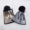 Bonnet Beanie / Crâne Casquettes Femmes Girl Hiver Chaud Bonnet Crochet Tricoté métallisée Bonnet avec Pom Silver Gold