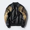 Autumn Winter Classic Brand Men Bomber Leather Jackets Red Black PU Outwear Gold Wings Embroidery Punk Motorcycle Slim Coat 201114