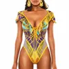 African Print Baddräkt Kvinnor Ruffle One Piece Swim Passar Kortärmad Tie Deep V Neckwear Thong För Kvinna 2020 Beachwear T200708