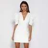 Women White Deep V Neck Blazer Dress Puff Sleeve Backless Bodycon Winter Dress Elegant Christmas Party Dresses Vestidos Y01182626