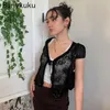 Women's T-Shirt Brown Vintage Y2K Lace Crop Top Short Sleeve See Through Sexy Mesh Woman Tshirts V Neck Up Floral Kawaii Clothes Shrug