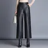 Plus Taille Taille Haute Noir PU Baggy Pantalon Femmes Coréen Bureau Dames Élégant Pantalon Large Jambe Faux Cuir Pantalon Femme 201228