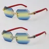 2022 Neue Original-Sonnenbrille mit Mikropavé-Diamant, randlos, luxuriöse Herren-Designer-Sonnenbrille, roter Planken-Metallrahmen, männlich und weiblich, 18 Karat Gold, große quadratische Brille, Größe: 58