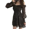 Silk chiffon sexy black retro, flower pattern, fluffy long sleeves, casual style, mini dress,