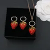 Cute Diamond Strawberry Necklace Double Letter Designer Earrings Sweet Rhinestone Studs Jewelry Sets Wholesale