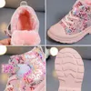 Winter Baby Shoes Girls Warm Plush Boots Fashion Printing Picture Children OUTWEAR 1-5 Years Size 21-30#Pink Black White 211227