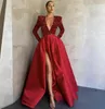 Mode ny !!! 2022 Mörkgrön eleganta kvällsklänningar med långärmad Dubai Arabiska Sequins Satin Prom-kappor Party Dress Deep V-Neck High Split