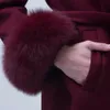 Женщины Cashmere Paird с реальной лисической воротником и манжетой длинные теплые высококачественные туре с поясом LJ201128