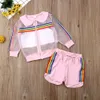 Roupa de verão para crianças bebê menina casaco de malha colete calça conjunto 3 peças sunsuit colorido arco-íris listrado conjunto