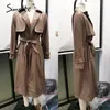 Streetwear PU Cuir Trench Coats Femmes Brown Automne Hiver Ceintures Long Manteau Cranté Bureau Dames Poche Outwear LJ201127