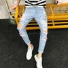 High quality spring summer Knee hole Printed Denim cowboys teenagers hip hop Distressed loop hole joker Ankle Length jeans 201128