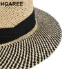 HOAREE Panama Chapeau Hommes PorkPie Chapeau De Soleil Été Paille Large Bord Fedora Mâle Tricot À La Main Noir Patchwork Casual Plage Tribby Chapeau Y200714