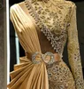 Aso Ebi 2021 árabe ouro luxuoso sereia vestidos de noite cristais frisados vestidos de baile gola alta festa formal segunda recepção vestidos zj366