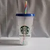 24oz/710ml Starbucks Gökkuşağı Plastik Tumbler Yeniden Kullanılabilir Açık İçme Düz Alt Bardak Sütun Şekli Kapak Saman Kupa Barbinler