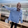 レディースジャケット秋の春の綿の長い女性デニムジーンズジャケットカジュアルブルールーズ韓国の特大ジーンズ女子ボーイフレンドの出雲コート1