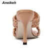 Aneikeh 2020 PU cuir tressé à talons hauts pantoufles femmes chaussures de fête femme croix tissé plis Mules Sexy talon mince pantoufles 41 42 X1020