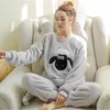 Winter Pajamas Women Korean Sleepwear Cute Cartoon Flannel Pajamas Set Velvet Warm Pijama Round Neck Pyjama Homewear Women Y200708