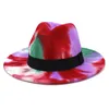 Tie Dye Filz Feedora Hut Frauen Männer breite Krempe formale Cap Man Frau Jazz Panama Hut Liebhaber Kappen Herren Trilby Chapeau Modezubehör Neu