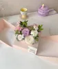 Boîte en papier portable pliante en PVC transparent avec fenêtre carrée en V avec ruban surprise rose boîte à fleurs arrangement de bouquet européen gif1261P