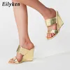 Tofflor Eilyken sxey Golden Snake Print PU Läder Kvinnor Sommar Öppna Toe Ladies Sandaler Fashion Wedge Heels Party Shoes220308