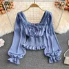 Autumn Women Purple/Red/Green Ruffle Short Shirt Vintage Square Collar Puff Sleeve Draped Short Blouse Female ELegant Tops 2022