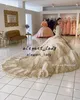 Champagne Gold Princess Quinceanera Dresses Illusion Long Sleeve Beaded Sparkly Lace-up Corset Puffy skirt vesridos de 15 años