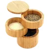 Bamboe Triple Salt Box Drie Tier Zout en Pepper Container met Magnetische Swivel Deksel Keukengereedschap RRD11368