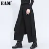 [EAM] taille haute élastique noir fendu Joint longue jambe large pantalon nouveau pantalon coupe ample femmes mode printemps automne 2020 LJ201029