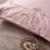 Dusty Pink Ricamo Fiori Set biancheria da letto di lusso Cotone egiziano Queen King size Set letto Copripiumino Set lenzuola Federe per cuscini T200706