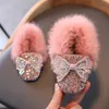 Botte d'hiver fille chaussures Style coréen petite fille nœud papillon chaussures de fourrure bébé chaud épais velours Bling chaussures fille D09221 201201