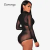 Nude transparente sexy bodysuit mulheres macacão bodycon macacão manga comprida malha bodysuit Veja através de bodysuits de tartleneck t200527